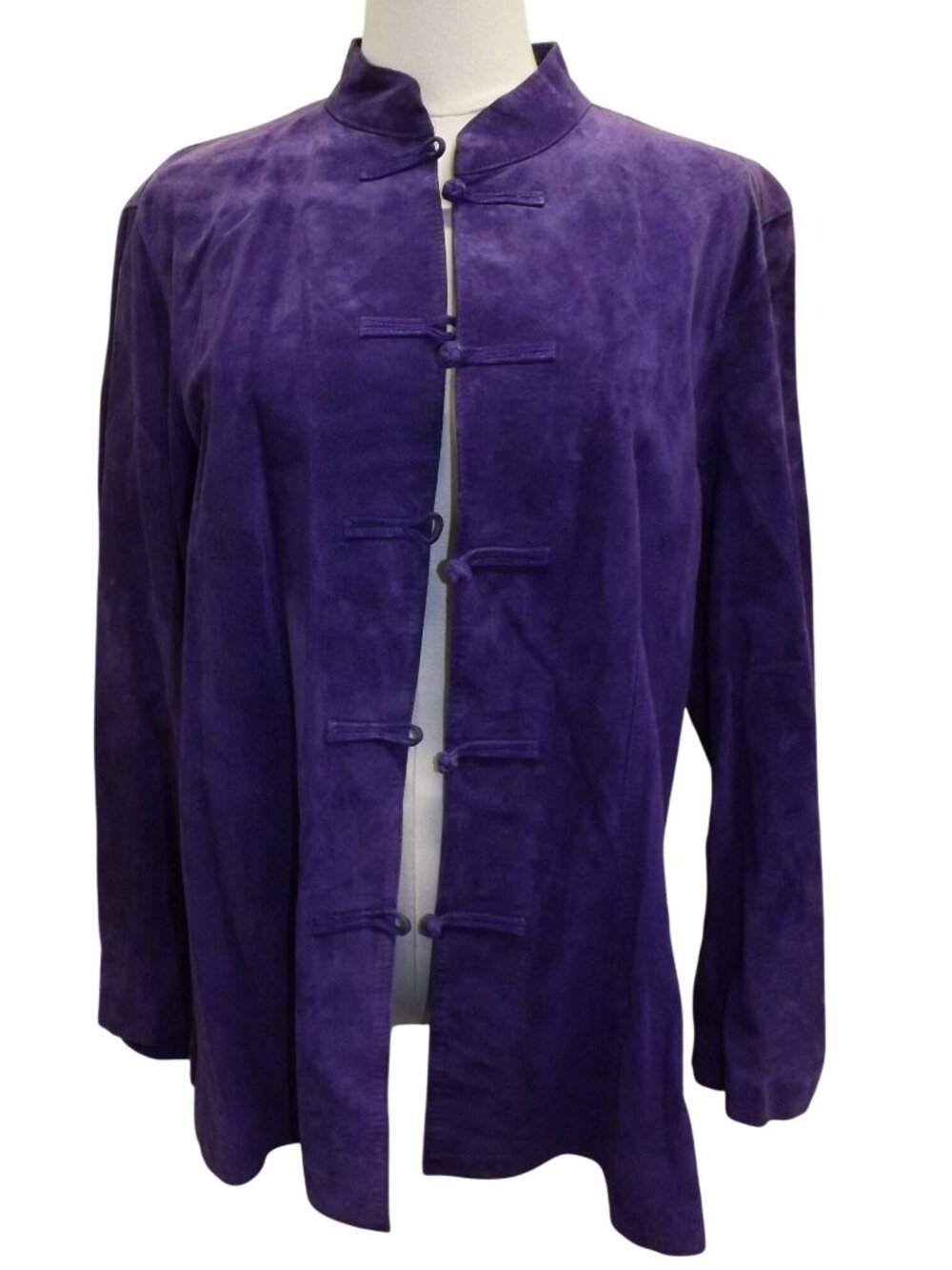 Chicos Purple Suede Mandarin Collar Jacket Blazer Size 2 Womens Open Front